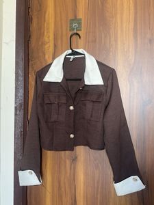Brown Cropped Jacket with White Collar
