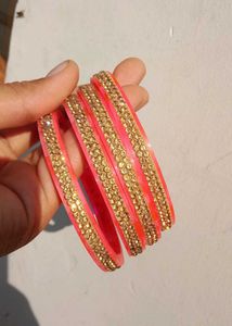 Elegant Pink &amp; Gold Stone Bangles