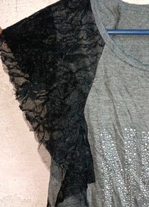 Grey T-Shirt with Lace Sleeves