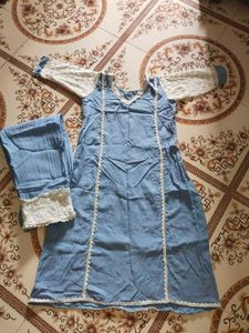 Elegant Sky Blue Lace-Work Cotton Suit Set