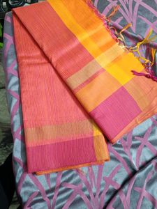 Vibrant Pink &amp; Orange Checkered Saree