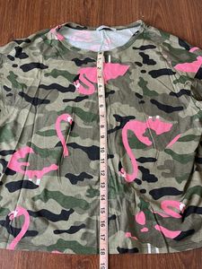 Green Army Print With Pink Flamingos T-shirt
