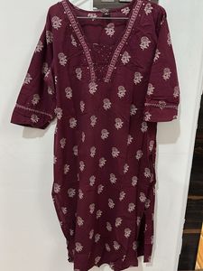 Maroon Printed Kurta with Embellished Neckline