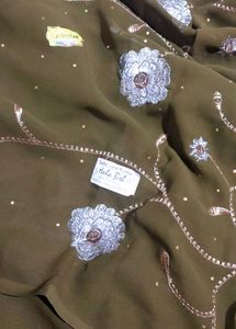Olive Green Floral Embroidered Fabric