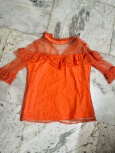 Orange Sheer Ruffle Top
