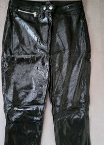 Shiny Black High-Waisted Pants and maroon top