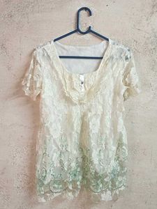 Sheer Lace Blouse Top White Layered