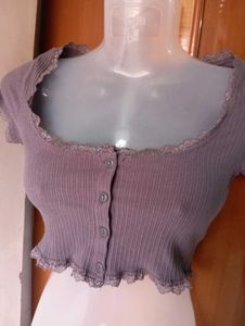 Retro Button-Up Lettuce Hem Crop Top