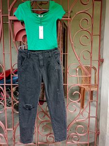 New Distressed Jeans With Green Ribbed Crop Top