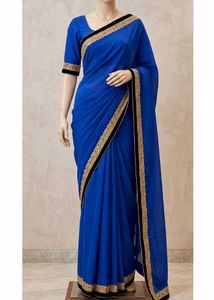Royal Blue Saree with Black &amp; Gold Border