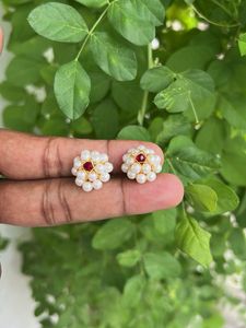 Pearl &amp; Ruby Flower Stud Earrings