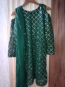 Elegant Dark Green Sequins Mirror Work suit sharar