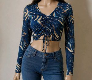 Blue Ruched Front Long Sleeve Crop Top