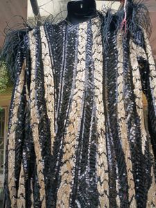 Sequined and Striped Couture Gown with Feather Det