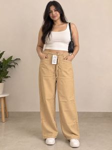 Women’s Beige Wide-Leg Cotton Pants