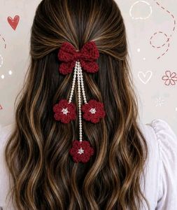 🎀 Handmade Crochet Hair Bow with Pearl Tassels 🎀