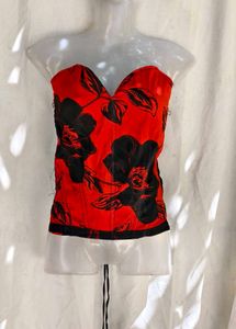 293. Red Black Floral Corset Top