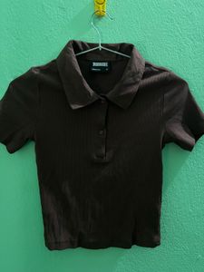 Brown Ribbed Polo Crop Top