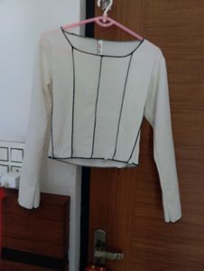 Cream Long Sleeve Top with Black Trim