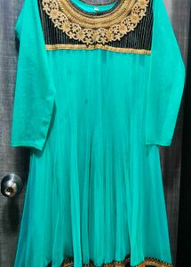Teal Anarkali Dress, Black Border, Gold Embroidery