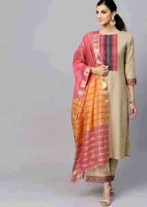 Elegant Beige Kurta Set with Pink Dupatta