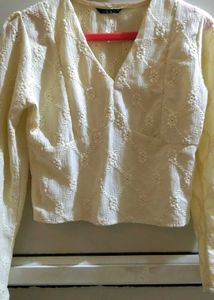 Pale Yellow Textured Puff Sleeve Crop Top