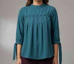 Teal Pleated Button Detail Top