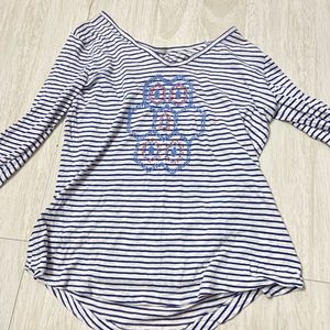 Striped off shoulder Long Sleeve Top with Embroide