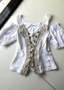 Women's White Cold Shoulder Lace-Up Blouse