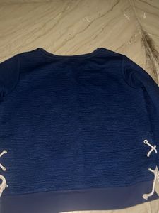 Blue Textured Cropped Sweatshirt