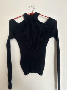 Black Ribbed Cut-Out Shoulder Top