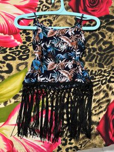 Boho Tropical Print Fringe Cami Top