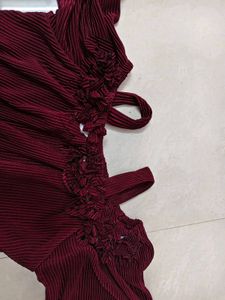 Maroon Pleated Jumpsuit with Cold Shoulder