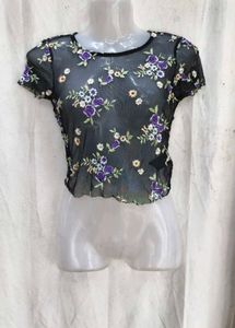 16158. Sheer Floral Embroidered Mesh Top