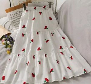 Cute Cherry Print Tiered Midi Skirt