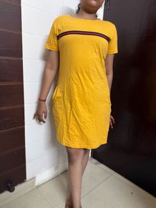 Yellow T-Shirt Dress with Stripe Detail