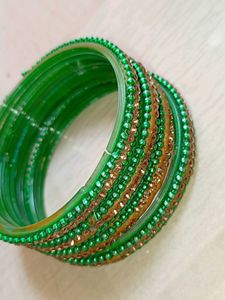 Green &amp; Gold Beaded Bangles