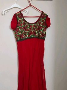 Red Ethnic Gown with Floral Embroidery