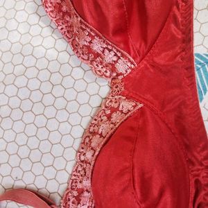 Lace Trimmed Red Satin Bra
