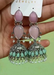 Stunning Pink &amp; Teal Jhumka Earrings