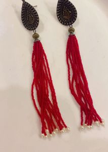 Red Beaded Tassel Earrings
