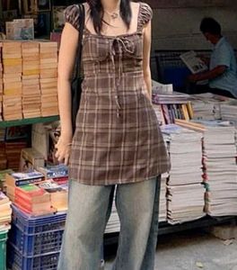 y2k Brown Plaid Cottagecore Top