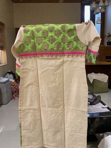 Elegant Beige Kurta with Green &amp; Pink Border