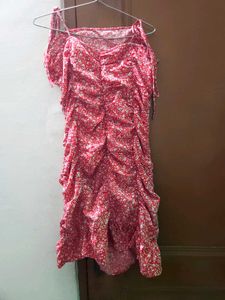 Red Floral Ruched Dress