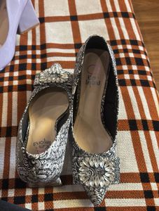 Embellished Black &amp; White Print Heels