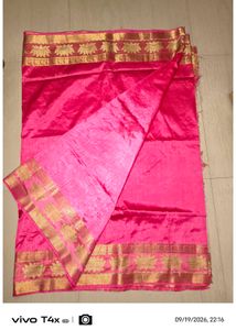 Vibrant Pink Silk Saree with Gold Border