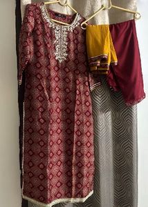 Maroon Ethnic Kurta Set with Embellished Neckline