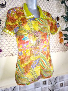 Colorful Patchwork Collared Top