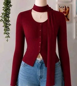 Chic Maroon Button-Up Top with Scarf