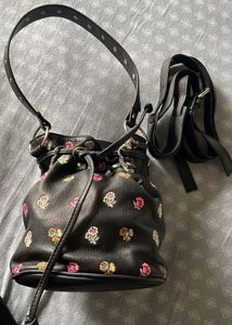 Black Embroidered Drawstring Bucket Bag